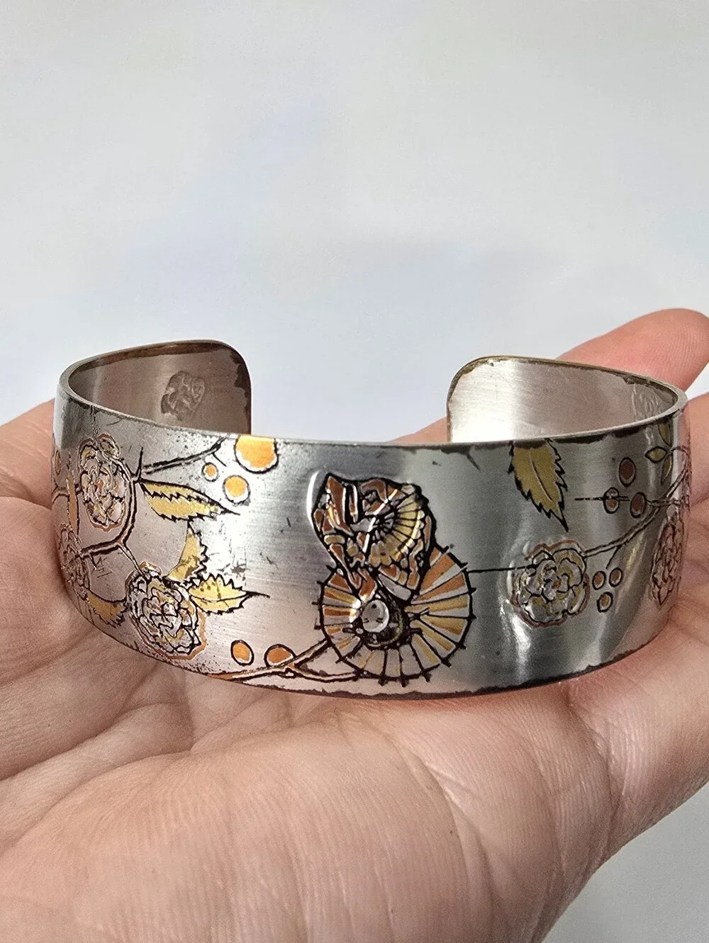 Reed & Barton Silver-Tone Daniascene Engraved Cuff Bracelet with Gold Trim